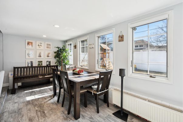 Dining room, Interior, Recessed Lighting, Wood Texture Flooring