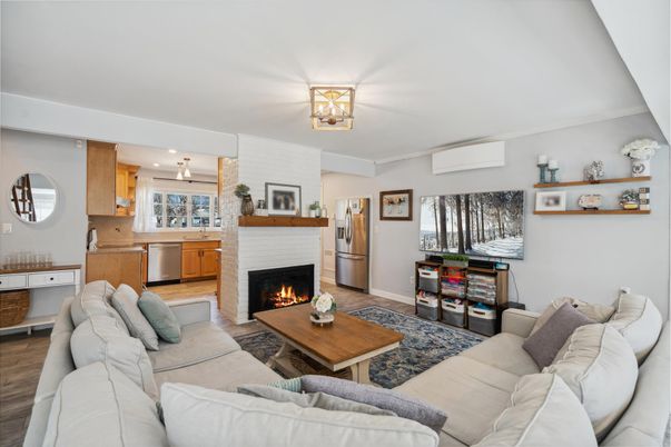 Fireplace, Interior, Kitchen, Living room, Pendant Lights, Wood Texture Flooring