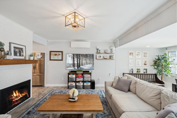 Fireplace, Interior, Living room, Recessed Lighting, Wood Texture Flooring