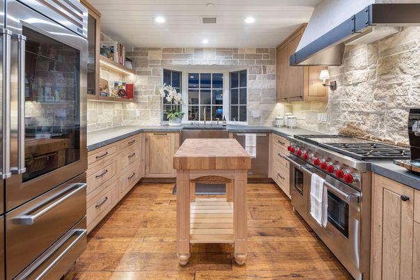 Interior, Kitchen, Recessed Lighting, Stainless Steel Appliances, Stone Walls, Wood Texture Flooring