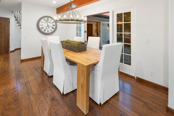 Dining room, Interior, Pendant Lights, Recessed Lighting, Wooden Beams, Wood Texture Flooring