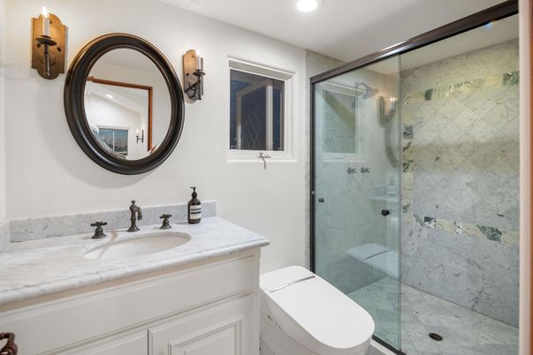Bathroom, Glass Shower, Interior, Marble Walls, Recessed Lighting
