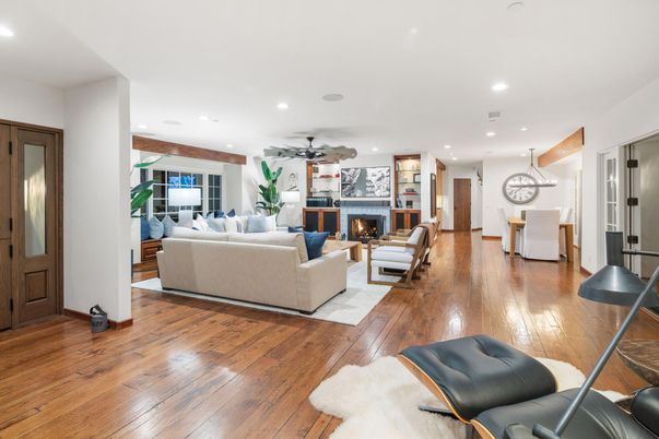 Dining room, Fireplace, Interior, Living room, Pendant Lights, Recessed Lighting, Wood Texture Flooring