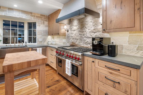 Interior, Kitchen, Recessed Lighting, Stainless Steel Appliances, Stone Walls, Wood Texture Flooring