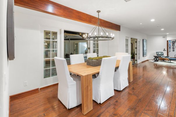 Chandelier, Dining room, Interior, Pendant Lights, Recessed Lighting, Wooden Beams, Wood Texture Flooring