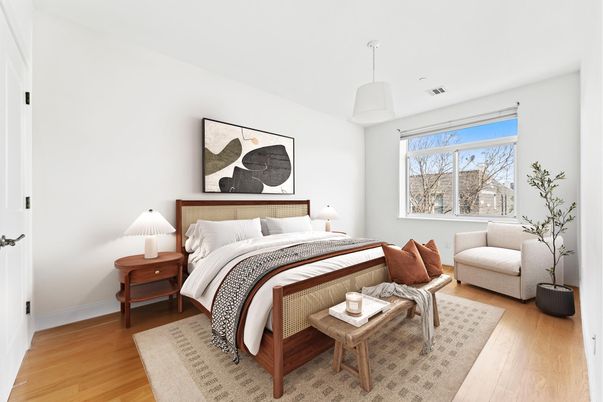 Bedroom, Interior, Pendant Lights, Wood Texture Flooring