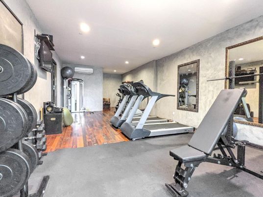 Fitness Equipment, Gym, Interior, Recessed Lighting, Wood Texture Flooring