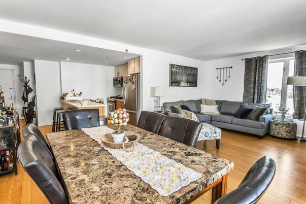 Dining room, Interior, Kitchen, Living room, Recessed Lighting, Stainless Steel Appliances, Wood Texture Flooring