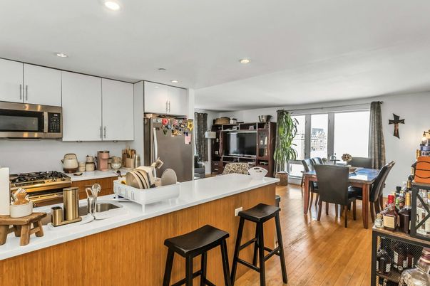 Dining room, Interior, Kitchen, Living room, Recessed Lighting, Stainless Steel Appliances, Wood Texture Flooring