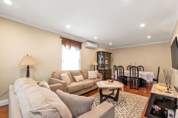 Dining room, Interior, Living room, Recessed Lighting, Wood Texture Flooring