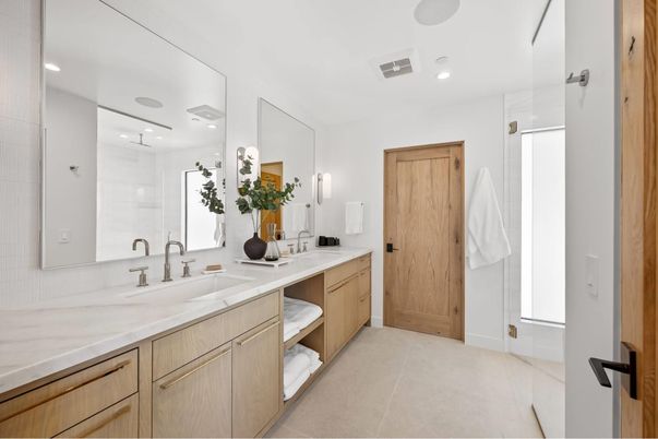 Bathroom, Dual Sink Vanities, Glass Shower, Interior, Recessed Lighting