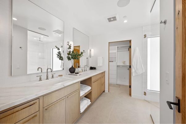Bathroom, Dual Sink Vanities, Glass Shower, Interior, Recessed Lighting