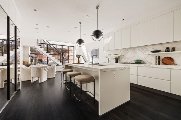 Interior, Kitchen, Marble Walls, Pendant Lights, Recessed Lighting, Wood Texture Flooring