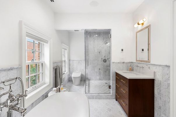 Bathroom, Dual Sink Vanities, Free Standing Baths, Glass Shower, Interior, Marble Walls