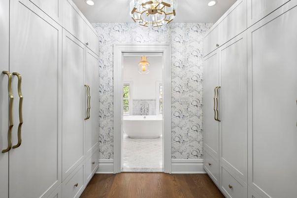 Bathroom, Chandelier, Free Standing Baths, Interior, Marble Walls, Recessed Lighting, Wood Texture Flooring