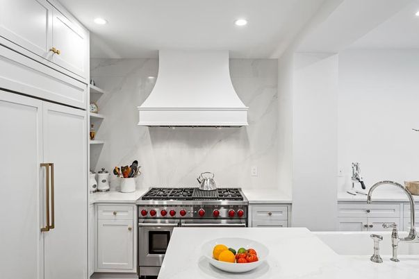 Interior, Kitchen, Marble Walls, Recessed Lighting, Stainless Steel Appliances