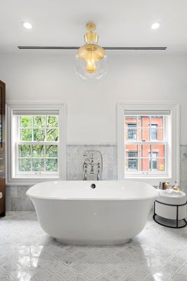 Bathroom, Free Standing Baths, Interior, Marble, Pendant Lights, Recessed Lighting
