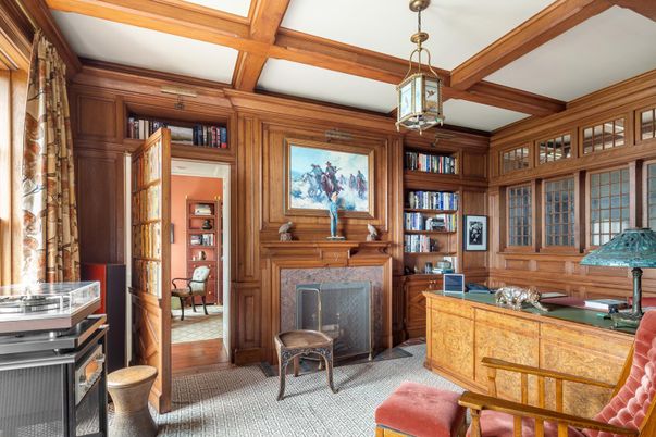 Fireplace, Home Office, Interior, Pendant Lights, Wooden Beams, Wood Texture Flooring, Wooden Walls