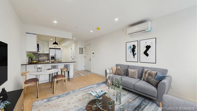 Dining room, Interior, Kitchen, Living room, Recessed Lighting, Stainless Steel Appliances, Wood Texture Flooring