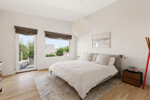Bedroom, Interior, Pendant Lights, Wood Texture Flooring