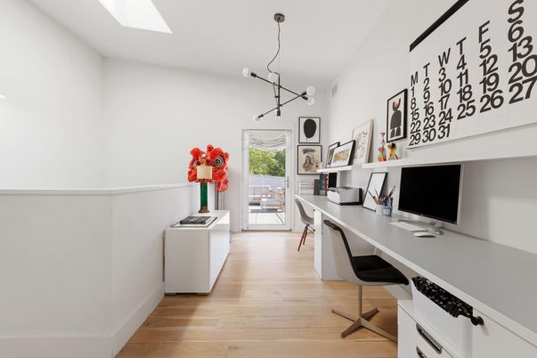 Home Office, Interior, Pendant Lights, Wood Texture Flooring
