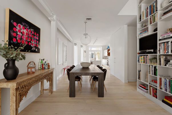Dining room, Interior, Pendant Lights, Wood Texture Flooring