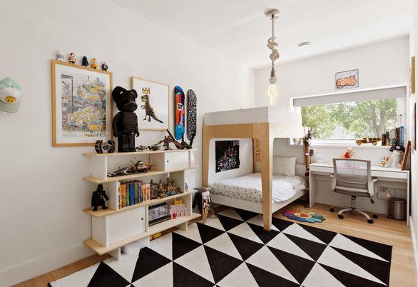Bedroom, Fireplace, Home Office, Interior, Pendant Lights, Wood Texture Flooring