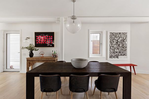 Dining room, Interior, Pendant Lights, Wood Texture Flooring
