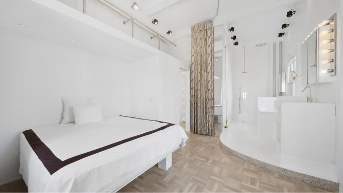 Bedroom, Interior, Recessed Lighting, Wood Texture Flooring
