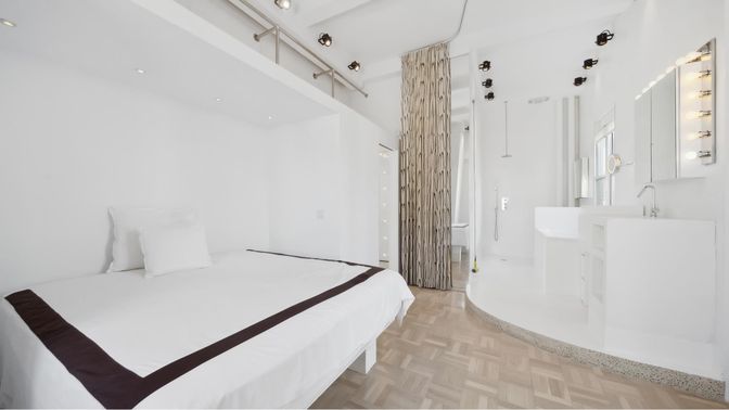 Bedroom, Interior, Recessed Lighting, Wood Texture Flooring