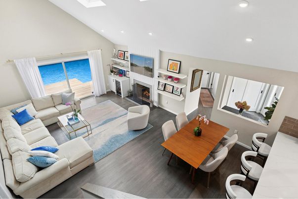 Dining room, Fireplace, Interior, Living room, Recessed Lighting, Wood Texture Flooring