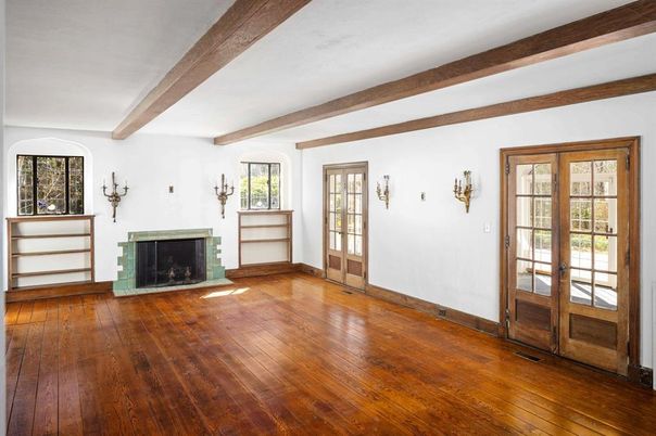 Empty room, Fireplace, Interior, Wooden Beams, Wood Texture Flooring