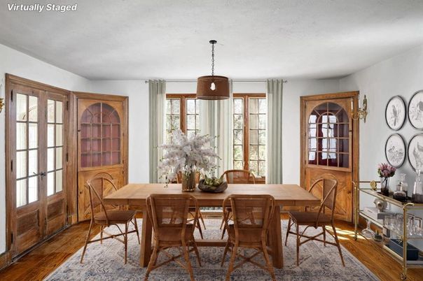 Dining room, Interior, Pendant Lights, Wood Texture Flooring