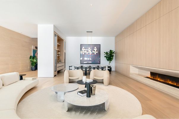 Dining room, Fireplace, Interior, Living room, Pendant Lights, Recessed Lighting, Wood Texture Flooring