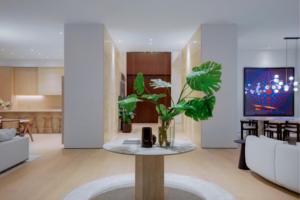 Dining room, Interior, Kitchen, Pendant Lights, Recessed Lighting, Wood Texture Flooring
