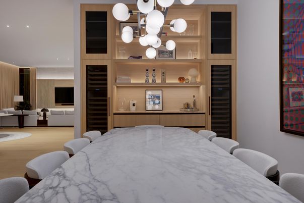 Dining room, Interior, Pendant Lights, Recessed Lighting, Wood Texture Flooring