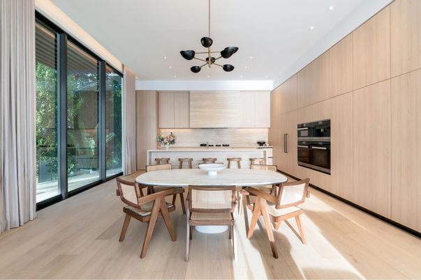 Dining room, Interior, Kitchen, Pendant Lights, Recessed Lighting, Stainless Steel Appliances, Wood Texture Flooring