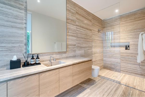 Bathroom, Dual Sink Vanities, Glass Shower, Interior, Recessed Lighting, Wood Texture Flooring