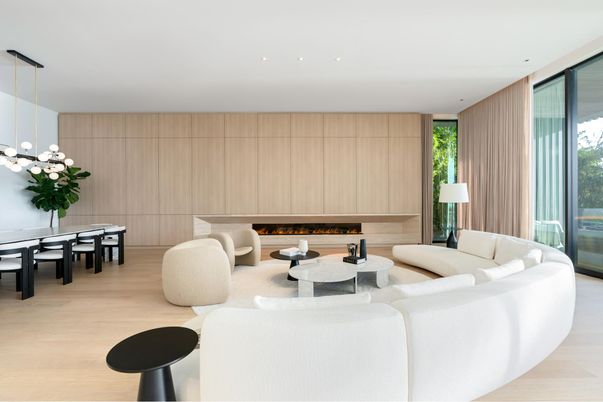 Dining room, Fireplace, Interior, Living room, Pendant Lights, Recessed Lighting, Wood Texture Flooring