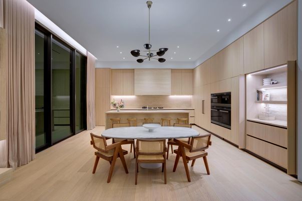Dining room, Interior, Kitchen, Pendant Lights, Recessed Lighting, Stainless Steel Appliances, Wood Texture Flooring