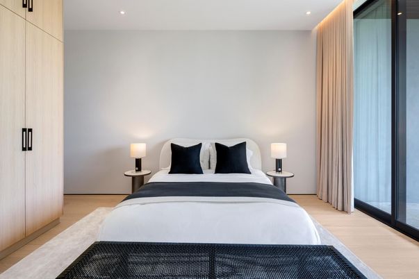 Bedroom, Interior, Recessed Lighting, Wood Texture Flooring