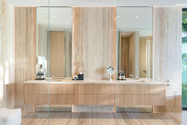 Bathroom, Interior, Recessed Lighting, Wood Texture Flooring