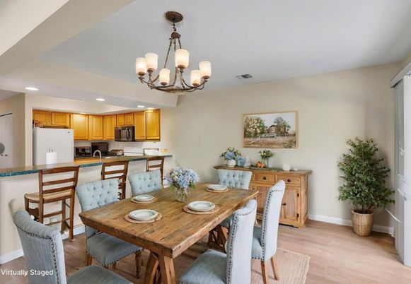 Chandelier, Dining room, Interior, Kitchen, Recessed Lighting, Stainless Steel Appliances, Wood Texture Flooring