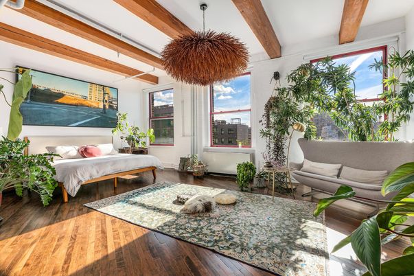 Bedroom, Interior, Pendant Lights, Wooden Beams, Wood Texture Flooring