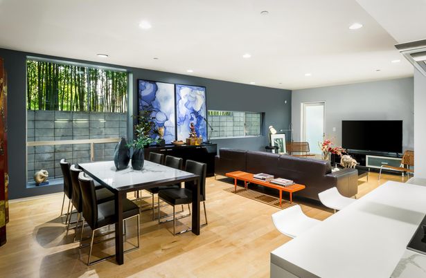 Dining room, Interior, Living room, Recessed Lighting, Wood Texture Flooring