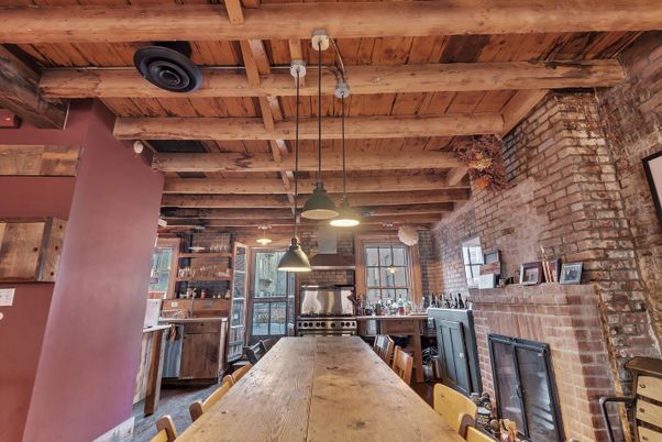 Fireplace, Interior, Kitchen, Pendant Lights, Stainless Steel Appliances, Stone Walls, Wooden Beams, Wooden Ceilings