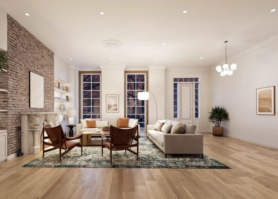 Fireplace, Interior, Living room, Pendant Lights, Recessed Lighting, Stone Walls, Wood Texture Flooring