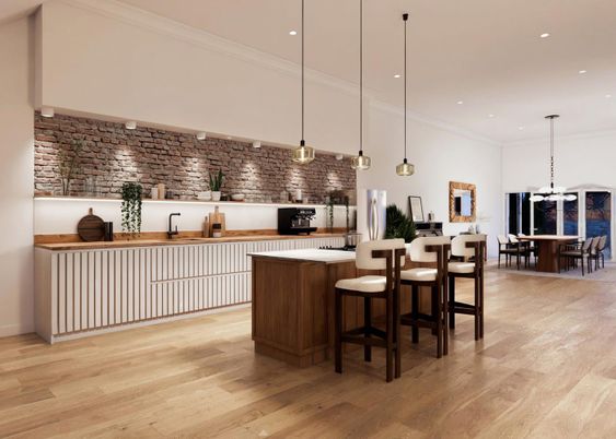 Dining room, Interior, Kitchen, Pendant Lights, Recessed Lighting, Stone Walls, Wood Texture Flooring