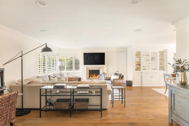 Fireplace, Interior, Living room, Recessed Lighting, Wood Texture Flooring