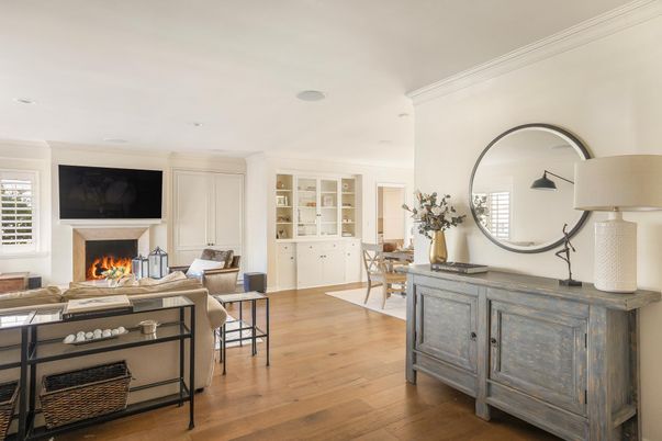 Dining room, Fireplace, Interior, Living room, Recessed Lighting, Wood Texture Flooring